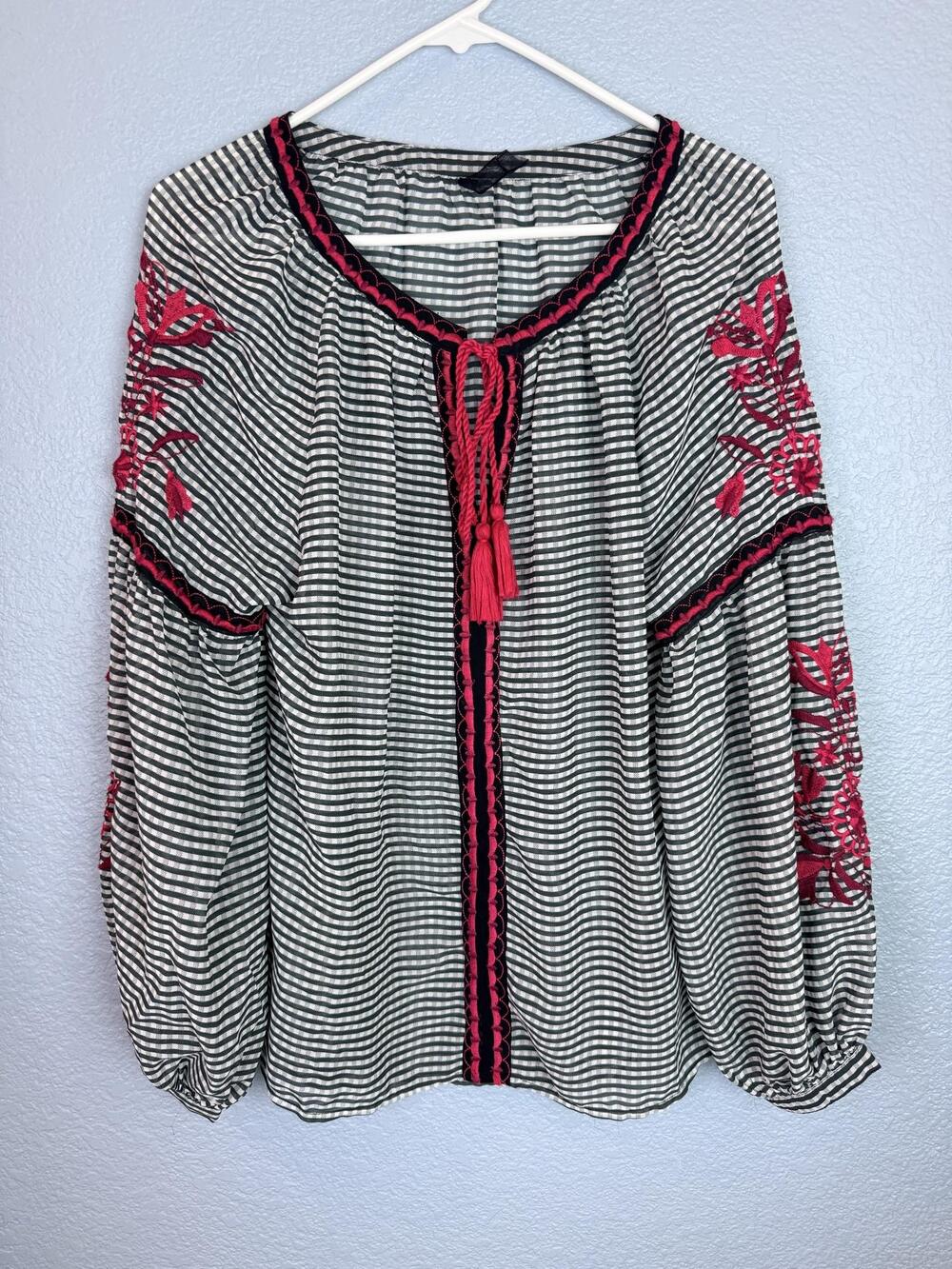 Ban.jara Blouse Womens Medium Black Stripe Embroidered Boho Tassel Tunic Top